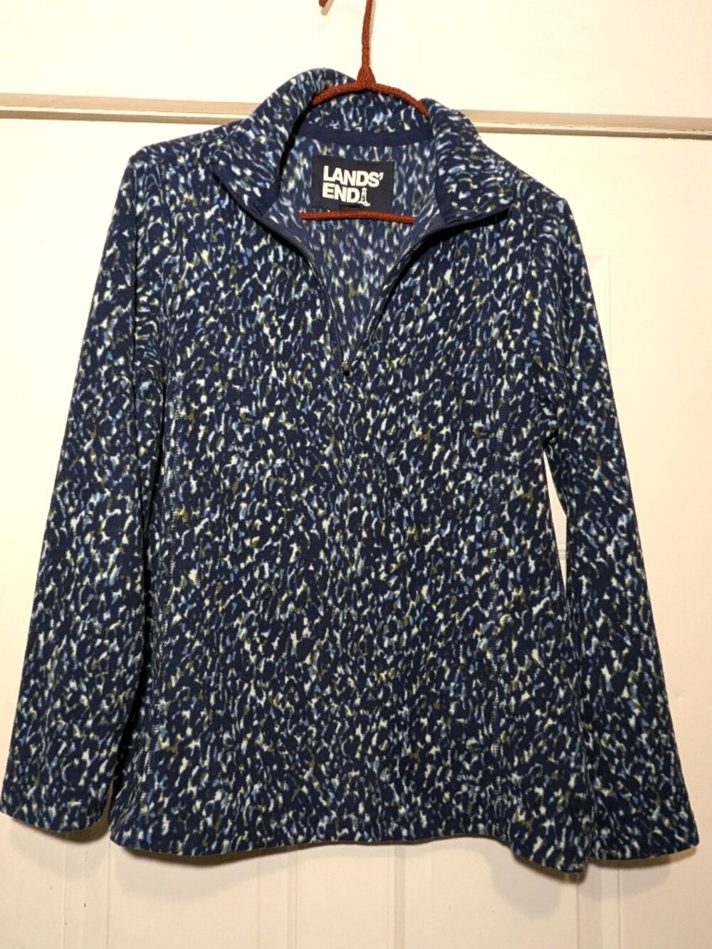 Lands End Fleece, Quarter Zip, Blue Leopard print, Medium